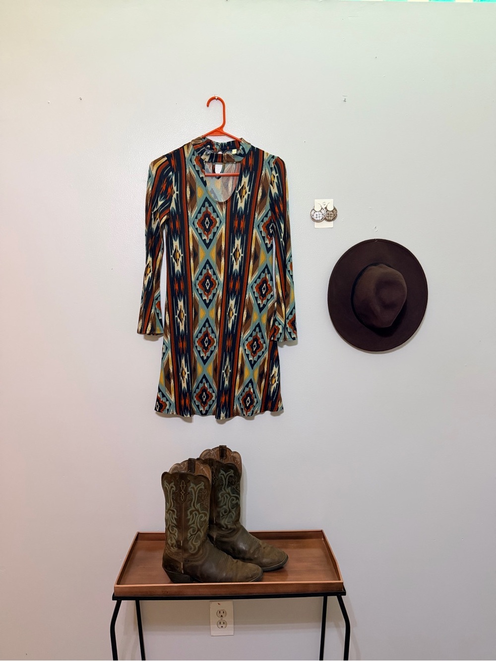 Printed Tribal-Pattern Shift Dress - Teal & Rust
